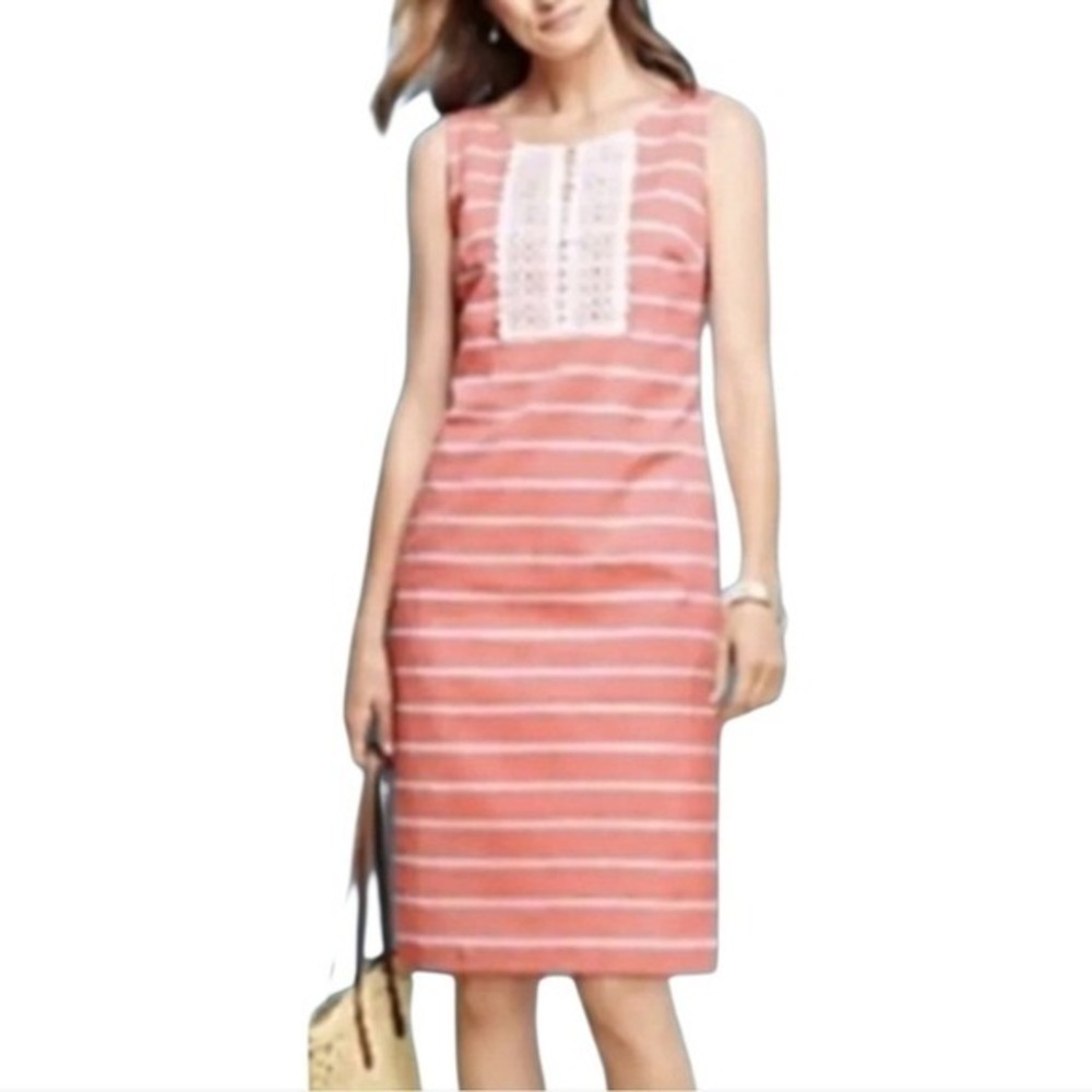 Talbots Coral Striped Sheath Dress Sz 10 Crochet Sleeveless Linen Cotton‎ Blend